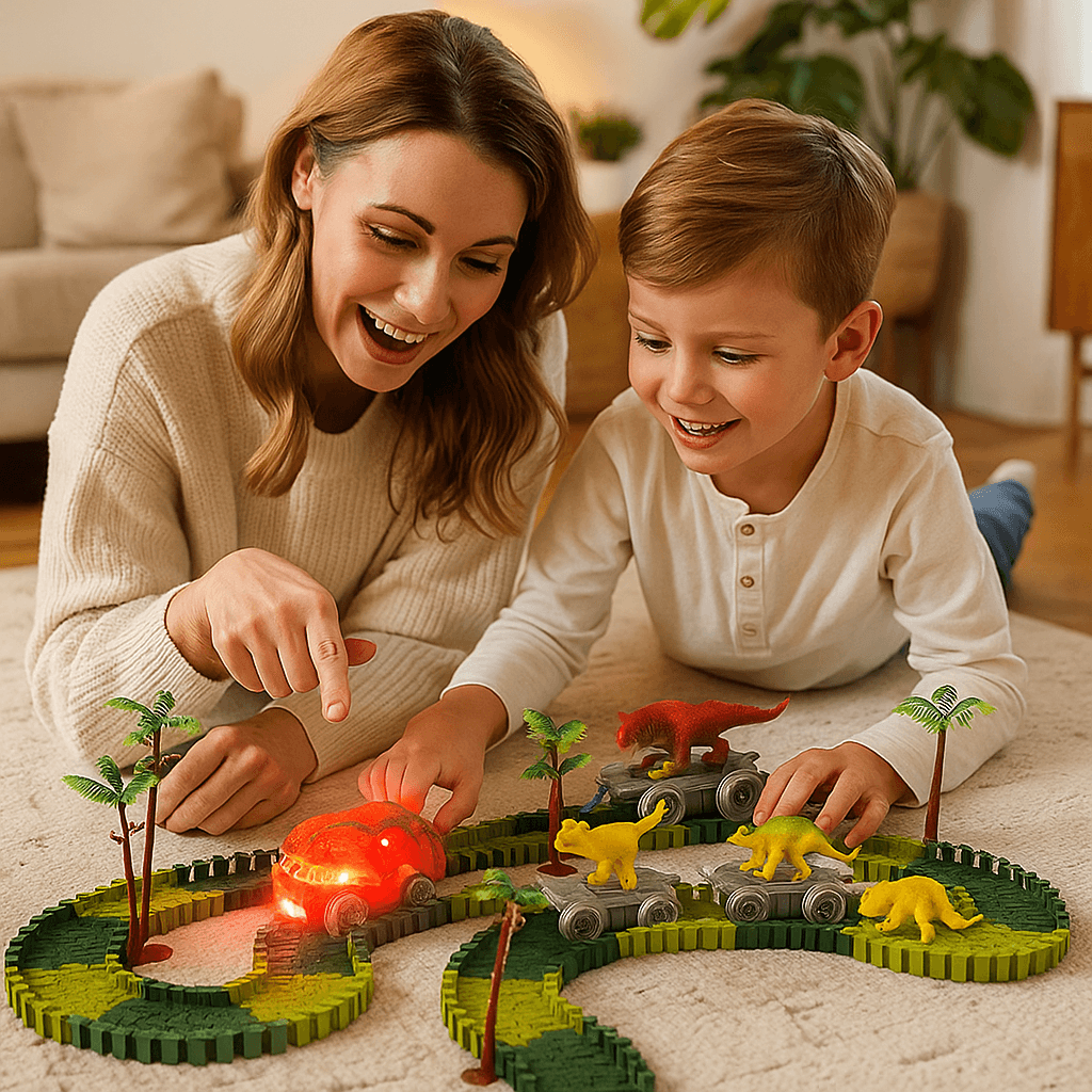 Elastyczny tor wyścigowy z dinozaurami | Kreatywna zabawa